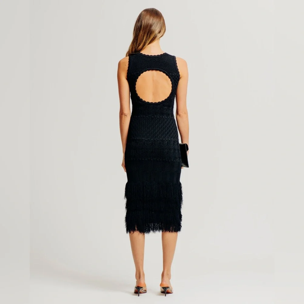 Torn By Ronny Kobo Ryan Black Crochet Knit Fringe Midi Dress Small